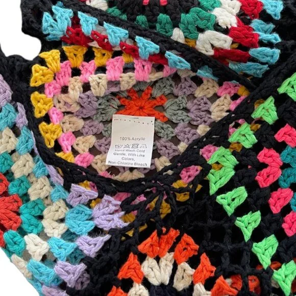 Crochet Granny Square Fringe Hem Hippie Boho Retro Cami Crop Top - Picture 3 of 6